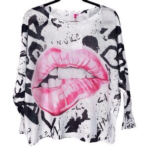 Yolly Pink Biting Lips Graffiti Top Amore Graphic Loose Knit One Size NWT